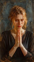 A young woman with her eyes closed, praying with her hands clasped together.