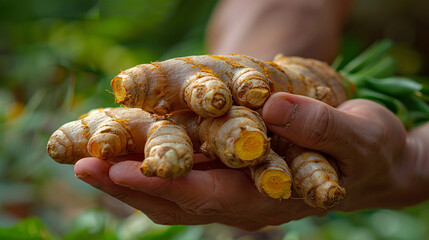 A hand holds a handful of fresh turmeric root, the vibrant yellow flesh peeking out.  The green foliage of the plant is in the background.