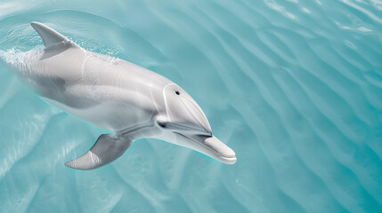 Fototapeta premium A lone dolphin swims gracefully through crystal clear turquoise water. The dolphin is white and gray with a long, slender snout. The water is rippling gently around it.