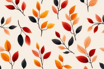 A vibrant pattern of autumn leaves showcasing warm colors like red, orange, and black on a light background.