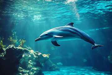 Obraz premium A dolphin swimming gracefully in a vibrant underwater environment with sunlight filtering through.