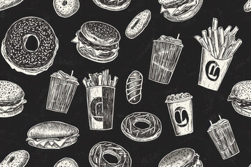 Seamless pattern with fast food. Drawn on chalkboard sketch style french fries, sauce, chicken nuggets, burger, donut.