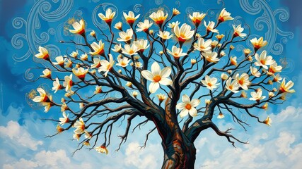 Vibrant colors and intricate patterns adorn a majestic acacia tree, surrounded by bold abstract shapes and swirling