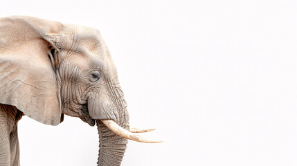 Obraz premium A majestic elephant stands against a white background, its wrinkled skin and long tusks visible.