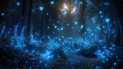 Naklejka premium enchanted forest bathed in ethereal moonlight bioluminescent flora floating wisps and crystalline structures create magical nighttime landscape