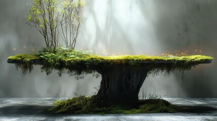 enchanted forest table living moss surface firefly light ambiance ethereal mist magical realism