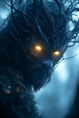 A mystical forest spirit with glowing eyes emerges from the shadows.