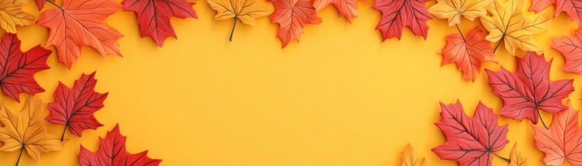 Fototapeta premium Vibrant autumn leaves frame a bright yellow background, perfect for seasonal themes and fall celebrations.