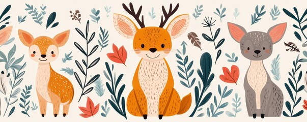 Whimsical illustration featuring adorable animals among vibrant plants, perfect for children's decor and nature-themed projects.