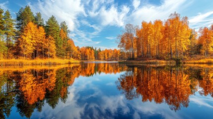 Fototapeta premium Autumnal Forest Reflected in a Calm Lake