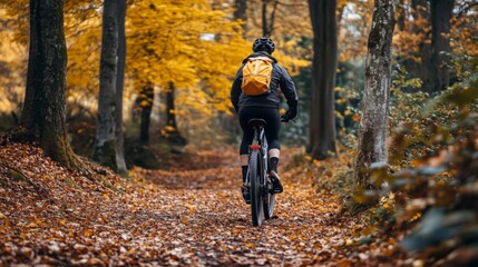 Person riding a bike through a forest with autumn leaves