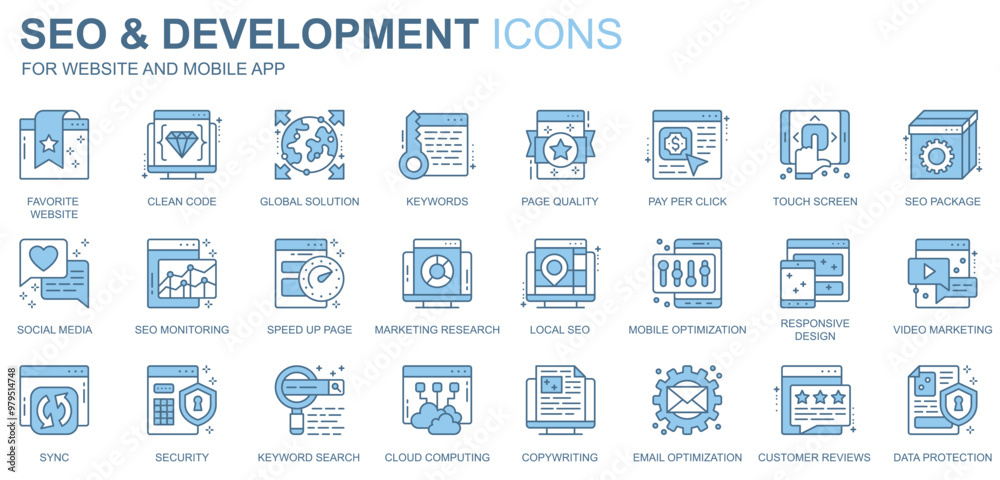 Poster seo and development web icons set in duotone line design. pack of clean code, global solution, keywo