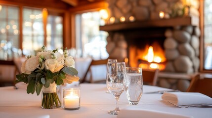 Cozy cabin venue with a roaring fireplace, tables set for an intimate celebration, warm lighting, and rustic elegance