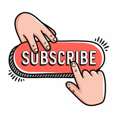 A subscribe button with hands reaching out to press it, doodle illustration