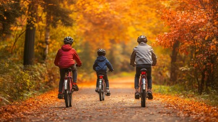 Obraz premium Family Cycling Through a Golden Autumn Forest