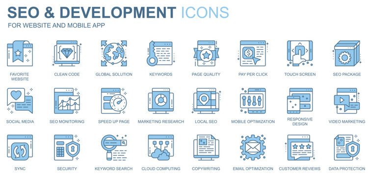 SEO and development web icons set in duotone line design. Pack of clean code, global solution, keywords, page quality, pay per click, social media, other outline stroke pictograms. Vector illustration