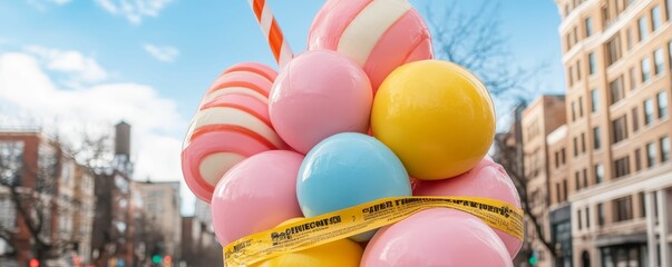A giant candy sculpture with caution tape wrapped around it, symbolizing the impact of the epidemic on celebrations