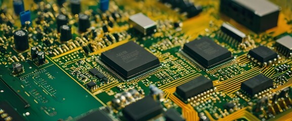 Obraz premium The image shows a close-up of an electronic circuit board featuring intricate computer chips and components