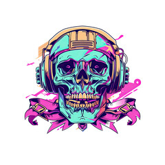 Fototapeta premium Neon Skull with Headphones and Ribbon