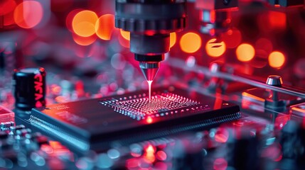 Precision in Focus: Close-Up of a Lithography Machine&rsquo;s Laser Head Engraving Chips, Showcasing Cutting-Edge Technology