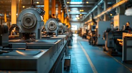 Inside a well-maintained industrial factory with ample lighting, emphasizing clean surfaces and machinery in an index-style layout
