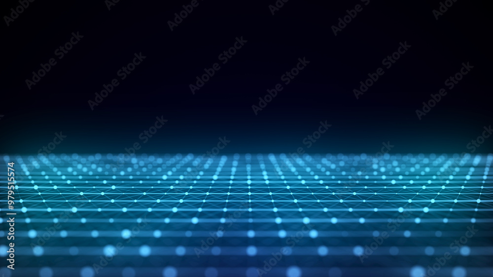 Poster abstract perspective blue grid. wireframe landscape with dots and lines. 3d rendering.