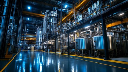 Fototapeta premium Wide-angle view of an industrial factory with proper lighting, highlighting clean equipment and a functional work environment in an index-style photo