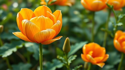 Vibrant orange-yellow petals unfurl from delicate green stalks, revealing intricate patterns and subtle velvety texture