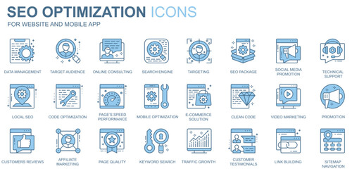 SEO optimization web icons set in duotone line design. Pack of data management, target audience, online consulting, search engine, social media, other outline stroke pictograms. Vector illustration