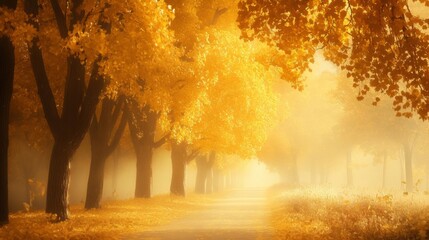 Fototapeta premium A Pathway Through Golden Autumn Trees in Foggy Sunlight