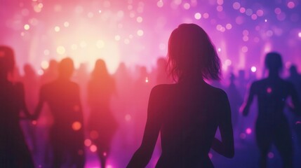 ethereal crowd silhouettes dancing in shimmering bokeh haze vibrant party atmosphere electric energy swirls