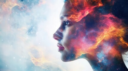 ethereal double exposure portrait blending a womans face with a vibrant cosmic nebula dreamy otherworldly effect with swirling colors and celestial elements create a captivating visual narrative