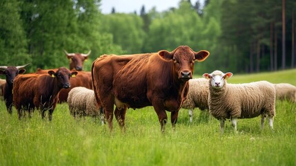 Obraz premium Cows and Sheep Graze in a Lush Meadow