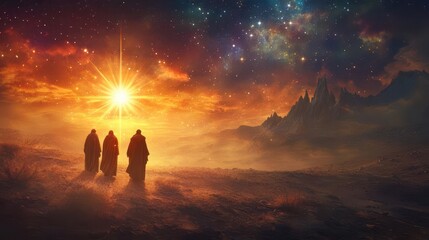 Fototapeta premium ethereal nativity scene with the three wise men following a brilliant star soft divine light illuminates their journey through a mystical desert landscape