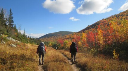 Two Hikers Walking on a Trail Through a Forested Area in Autumn