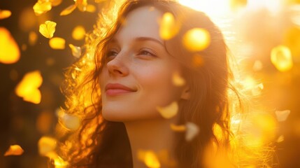 Fototapeta premium ethereal portrait of woman bathed in golden sunlight surrounded by floating flower petals soft focus dreamy atmosphere radiant smile