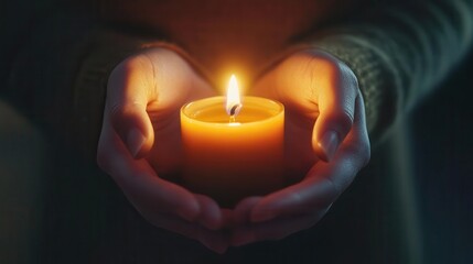 ethereal scene of hands cradling flickering candle flame soft focus creating dreamlike atmosphere symbolic representation of hope and spirituality