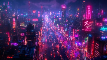 Obraz premium Cyberpunk-inspired cityscape with neon-lit buildings and roads extending into the distance