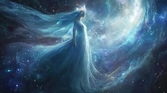 ethereal star maiden with flowing celestial gown and glowing constellation crown surrounded by swirling stardust and shimmering cosmic energy in dreamlike galaxy setting