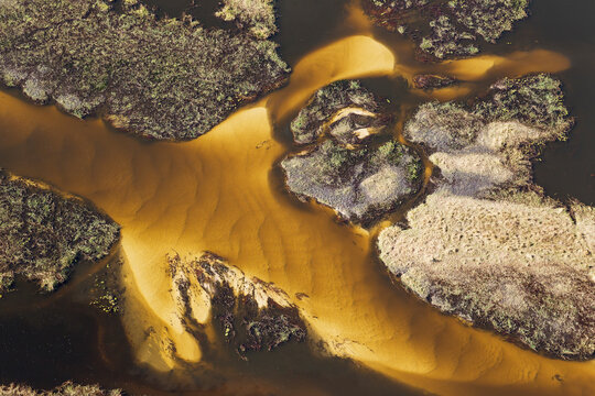 Aerial view of Typical landscape of freshwater marshes with streams, channels and islands, aerial view, Okavango Delta, Moremi Game Reserve, Botswana.