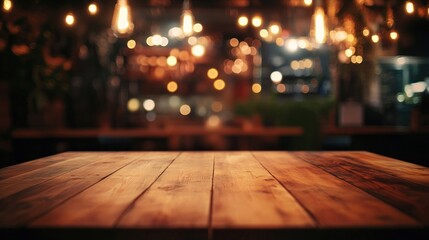 Empty wooden table top with a blurred bokeh architecture furniture lighting.