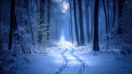 ethereal winter wonderland moonlit forest path with shimmering snow delicate boot prints winding through silvery trees mystical blue glow illuminating the scene