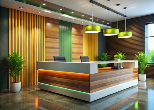 reception desk office design vector shapes modern style bold colors bright lighting elegant typography corporate professionalism sleek surfaces high-contrast mood