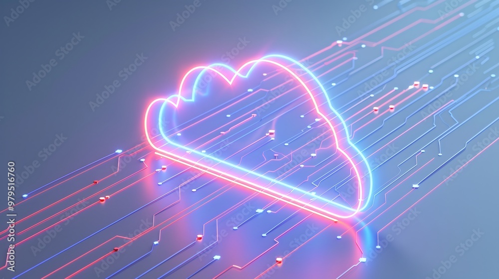 Wall mural vibrant neon cloud symbolizing digital storage, surrounded by glowing data lines, representing moder