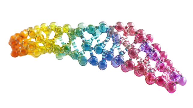 3D rendered illustration of a colorful, heart-shaped DNA molecule with beads and stones, showcasing a vibrant blend of pink and blue hues