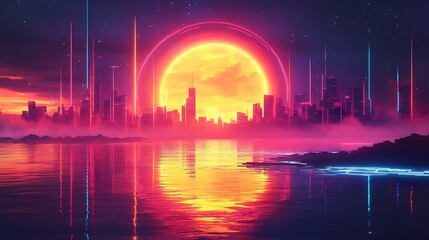 Fototapeta premium Neon-lit digital lake reflecting glowing shapes and lines from a futuristic skyline in the distance