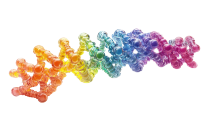 3D rendered illustration of a colorful, heart-shaped DNA molecule with beads and stones, showcasing a vibrant blend of pink and blue hues