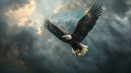 Obraz premium Eagle Soaring Through a Dramatic Cloudy Sky: A Majestic Flight