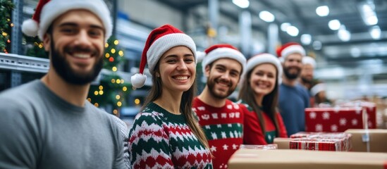 Naklejka premium Group with Santa hats and gifts in festive warehouse