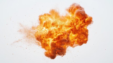 explosive fireball with intricate flame patterns and sparks against a stark white background highspeed capture freezes the dynamic movement and texture of the burning sphere